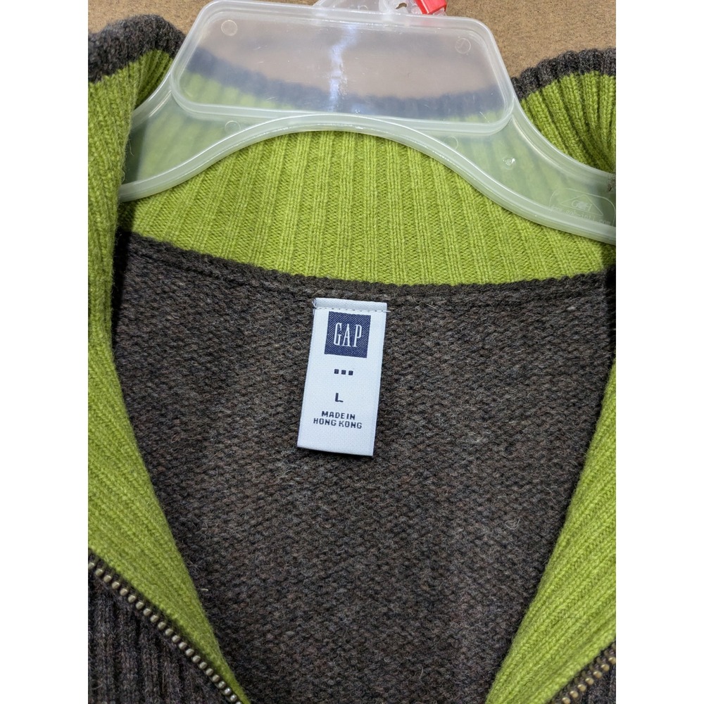 Gap Mens Lambswool Quarter Zip Sweater Brown Marl Green Trim Size L Q4/2005 - Picture 3 of 7